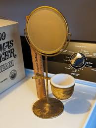 Antique Brass Shaving Stand, Mirror w/ Milk Glass Cup | EstateSales.org
