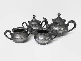 Antique Late 1800s Van Bergh Quadruple Silver Plate Tea Service Set Teapot Sugar Bowl Creamer Waste Bowl Tarnished Etched Silver Victorian | Felt in My Heart Vintage