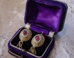 Antique Georgian 18K Gold Cannetille Garnet Pearl Earrings in Fitted Box Etruscan - Etsy