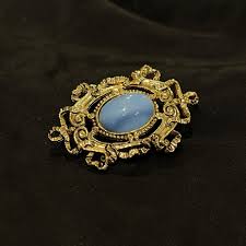 Vintage Gold-plated Metal, Pastel Blue Marbled Cabochon Glass Core Set Victorian Filligree Brooch - Etsy