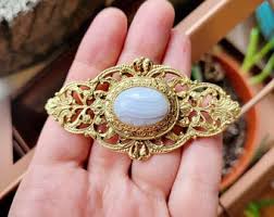 Vintage Ornate Gold Grey Gray Agate Stone Victorian Edwardian Art Nouveau Style Boucher Lapel Brooch Pin - Etsy