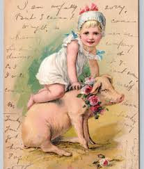 Postcard Cute Little Girl Pig with Collar of Colorful Roses ...