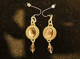 Gold Tone Metal Ornate Pierced Earrings w Gray Tone Faux ...