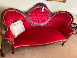 Vintage Victorian Style Red Velvet Upholstered Sofa by Kimball - 68"W x 29.5"D x 41"H - Comas Montgomery Realty & Auction Co., Inc.