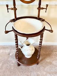 Walnut Mirror Wash Stand With Bowl & Pitcher | EstateSales.org