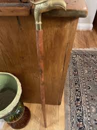 antique wood and brass walking cane/eagle37.5”/inlaid Brass ...