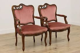 Pair of French Antique Art Nouveau Walnut & Mohair Chairs