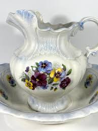 Vintage Violet, Blue and Yellow Pansy Floral Ceramic Pitcher & Wash Bowl Set, Signed 1997 | Chairish
