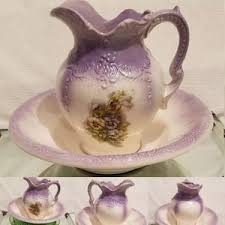 Vintage Handmade Purple and off White Pitcher and Bowl Wash Basin, Purple and White Flowers/green Leaves Front, Ornate Scrolls - Etsy