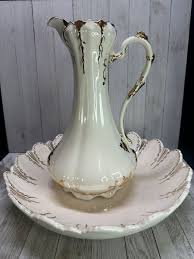 Vtg Victorian Pitcher & Wash Basin White Gold Rim Ceramic ...