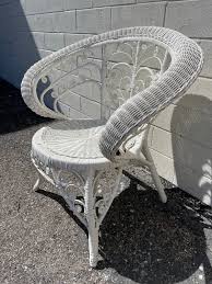 2pc Antique Wicker Fiddlehead Chair Victorian Armchair and Footstool Heywood Wakefield Style Woven Seating Coastal Indoor Outdoor Furniture