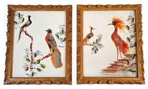 x2) Vintage Feathercraft Birds Paintings Pair Framed Hand ...