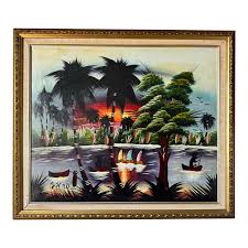 1993 Vintage Haitian Caribbean Folk Art Landscape – Oil on ...