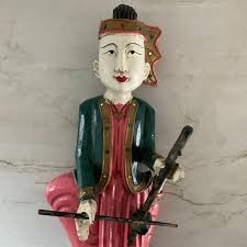 Vintage Thai Carved Wooden Musician Sculptures With Jeweled Robes- Set of 2 | Chairish