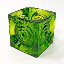 Vintage MCM Viking Glass Green Bullseye Cube Candle Votive ...