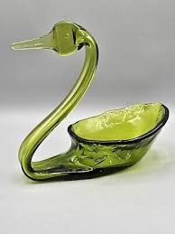 VINTAGE Viking Glass Avocado Green Swan Trinket Bowl ...