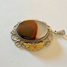 Vintage Sterling Silver Banded Agate Pendant LSP Co w Gold ...