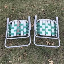 2 Vintage Aluminum Brown Green White Woven Folding Lawn ...