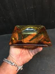 Vtg Heavy Amber Square Art Glass 5.5in Trinket Candle Fall Decor Blenko Style | eBay