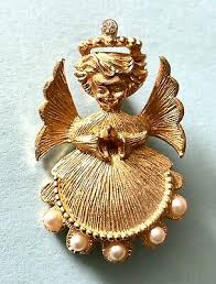 Vintage 1960s Praying Angel Faux Pearl Clear Rhinestone ...