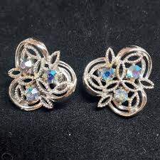 Vintage Coro Aurora Borealis Clip on Earrings Silver Tone ...