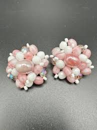 Signed West Germany Pink Glass Beaded Earrings Clip On VTG ...