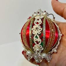 Vintage Faux Pearl Christmas Ornament: Red Plaid Satin, Gold ...