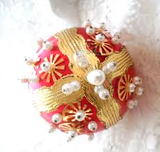 Vintage Beaded Ornament - HANDMADE RED SATIN BALL w/PUSH-PIN ...