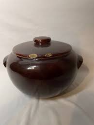 Vintage Dark Brown Stoneware Handled Bean Pot With Lid. | eBay