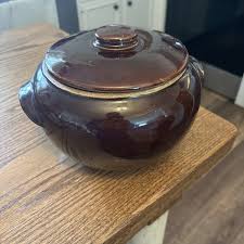 Brown Bean Pot Crock Vintage Made in USA Boston Baked Bean Double Handle Lid | eBay