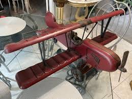 Vintage Large Wooden Carved Biplane W/red Baron Fighter Pilot 30" Wide X 27" Long X 13" Tall