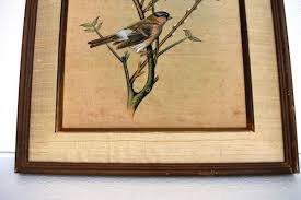 Vintage Hand-Painted Birds on Fabric Painting Framed Artwork Floral Branch Desig | eBay