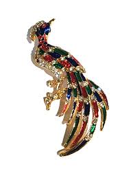 Vintage Peacock Brooch in Gold Tone and red green blue ...