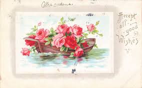 Accept All Good Wishes Postcard Posted 1912 Flower Red Rose Colorful Boat