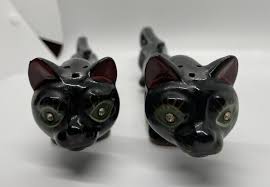 Vintage Japan Long Black Panther Cat Salt & Pepper Rhinestone Green Eyes 1950"s | eBay