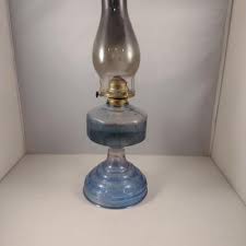 Blue Glass Oil Lamp with Clear Hurricane Shade | EstateSales.org