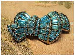 STRIKING Aqua Blue Glass Brooch, Bow Design, Signed ...