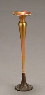 Lot - Quezal Gold Iridescent Glass and Bronze Bud Vase Circa 1910