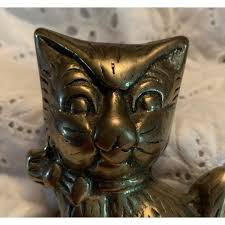 Mid Century Brass Cat With Bow Figurine | Chairish