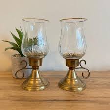 Elegant Brass Candle Holders Pair | Etched Crystal Hurricane Globes | Cottagecore Traditional Decor - Etsy