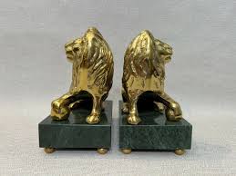Vintage Pair of Brass Lion on Marble Footed Base Decorative ...