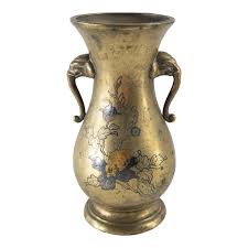 19th Century Japanese Mixed Metal Bronze Vase With Flowers and Elephant Ears | Chairish