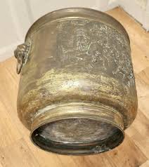 Arts and Crafts Brass Log or Coal Bin, with Tavern Scenes For Sale at 1stDibs