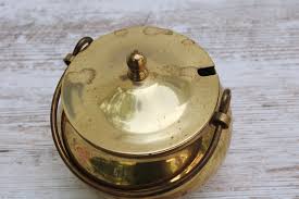 vintage brass cauldron pot w/ lid, small three legged kettle ...