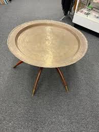 Vintage 30" Round Brass Tray Wood Spider Leg Table Mid Century Modern Hong Kong | eBay