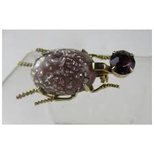 Tiny Bug Pin With Art Glass Body and Purple Crystal Head in Gold Tone. For Sale at Ruby Lane