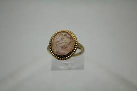 Vintage Signed 10k Yellow Gold PINK & CREAM CARVED CAMEO ...