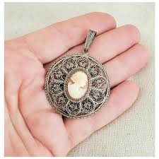 Vintage 800 Silver Filigree Carved Shell Cameo Pendant. For Sale at Ruby Lane