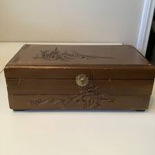 Jewelry Music Box Chest Vintage Asian Carved Wood Pagoda ...
