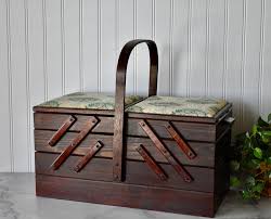 Vintage Wood Cantilever Sewing Box With Cushioned Fabric Top ...